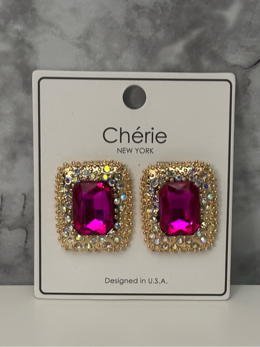 Gold-Trim Fuchsia Crystal Stud Earrings
